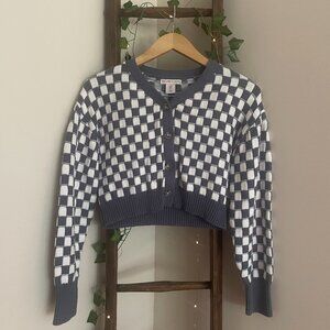Retro Checker Cardigan –  Navy & White Cropped Fit